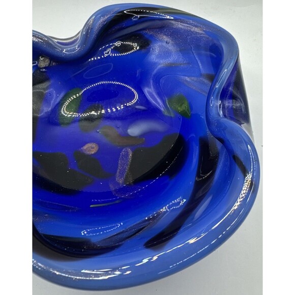 Vintage MCM Blue Glass Ashtray Murano Cobalt Blue Aqua Glitter Triangular - Picture 2 of 8
